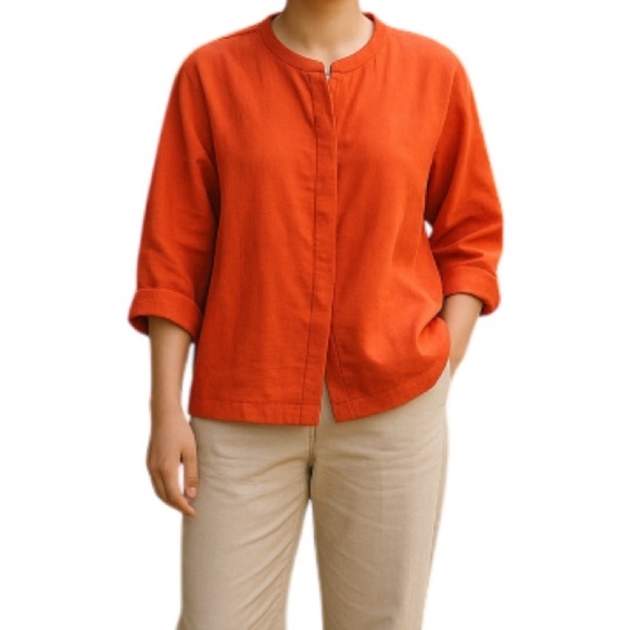 CAROLYN DONNELLY Edit Orange Linen Shirt Hidden Buttons Collarless Coastal 4-6 - Picture 1 of 11